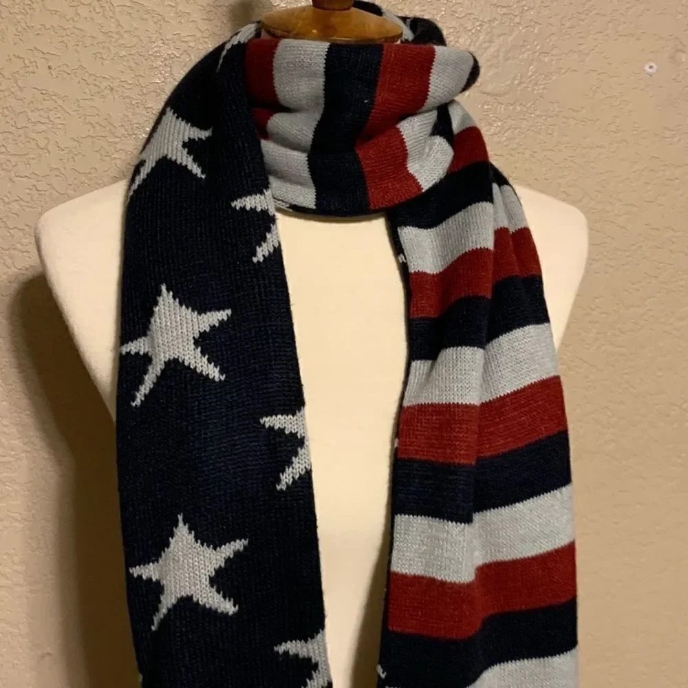 American Flag Reversible Knit Scarf Stars Stripes Double-Sided Patriotic OSFM